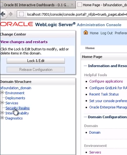 Picture of the WebLogic Administration console shown the location of the Security Realm option