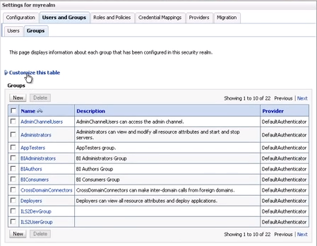 Looking at the WebLogic groups listing