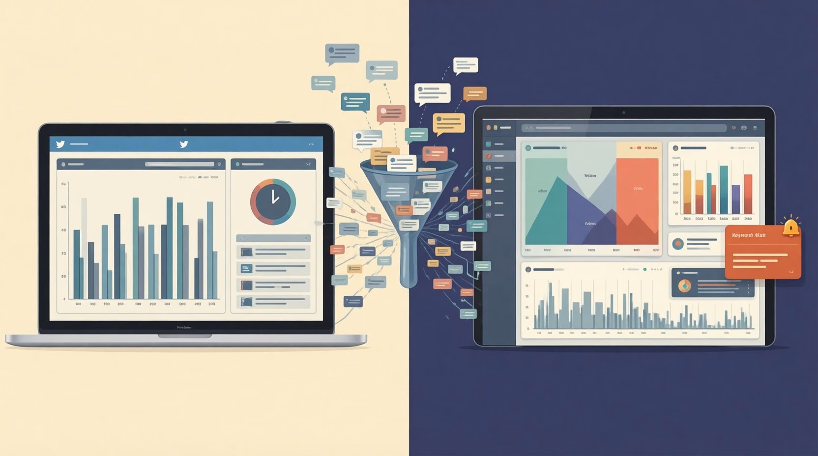 Flat editorial illustration: The article is a SaaS and business guide to social media monitoring tools, covering how analytics pl