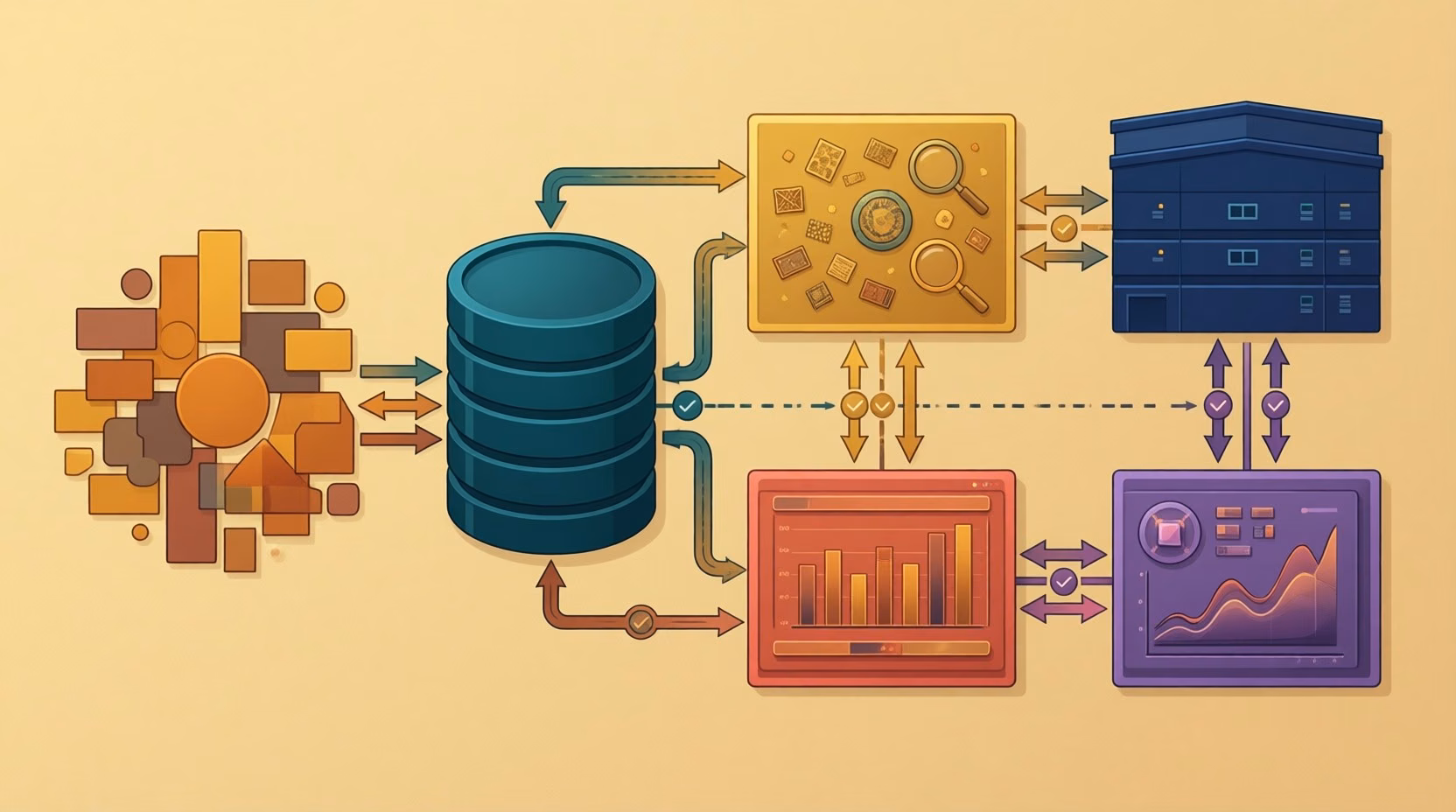 Flat editorial illustration: A data integration ecosystem showing the six interconnected components (sources, big data storage, d