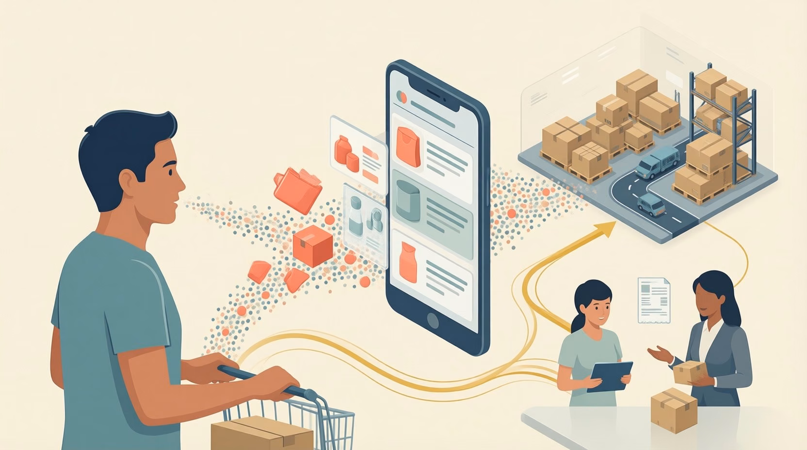 Flat editorial illustration: The article explains how Amazon uses big data across multiple business functions: recommendations, f