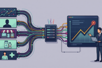 Illustration of five automated data streams, market trends, customers, competitors, products, and patients, converging into a central processing hub and producing an actionable business insight chart