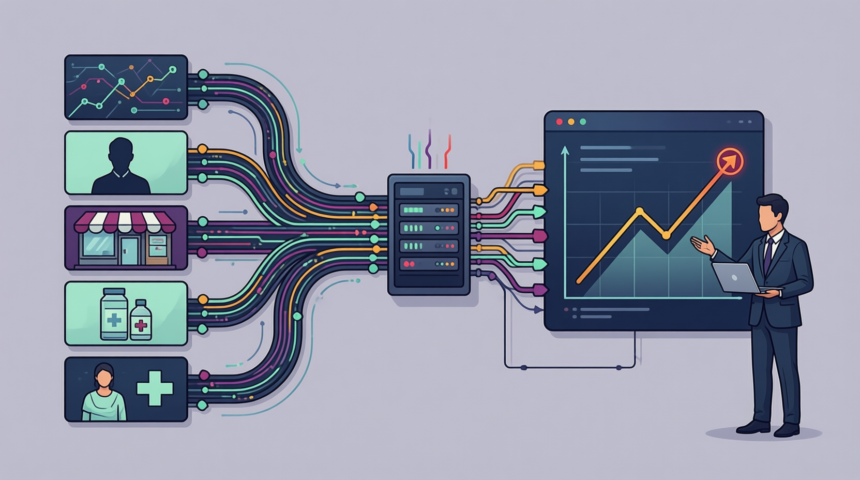 Illustration of five automated data streams, market trends, customers, competitors, products, and patients, converging into a central processing hub and producing an actionable business insight chart