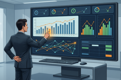 Business analyst pointing at a modern BI dashboard with KPI tiles, bar and line trend charts, an AI network diagram, and a data table on a large screen