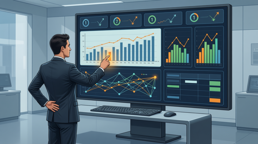 Business analyst pointing at a modern BI dashboard with KPI tiles, bar and line trend charts, an AI network diagram, and a data table on a large screen