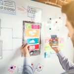 Designer man drawing website ux app development and holding smart phone on hand. User experience concept.