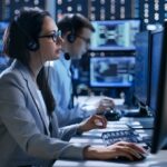 Female working in a Technical Support Team Gives Instructions with the Help of the Headsets. In the Background People Working and Monitors Show Various Information.