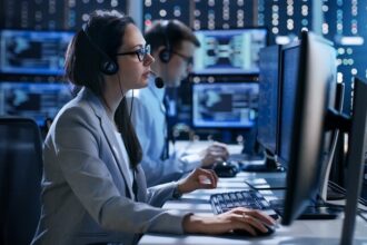 Female working in a Technical Support Team Gives Instructions with the Help of the Headsets. In the Background People Working and Monitors Show Various Information.