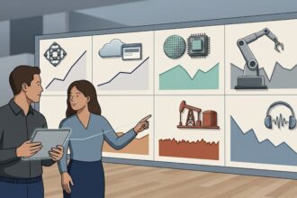 Two analysts reviewing a wall display comparing AI, cloud computing, semiconductor, robotics, oil and gas, and streaming music trends