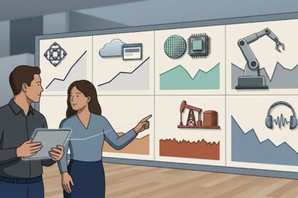 Two analysts reviewing a wall display comparing AI, cloud computing, semiconductor, robotics, oil and gas, and streaming music trends