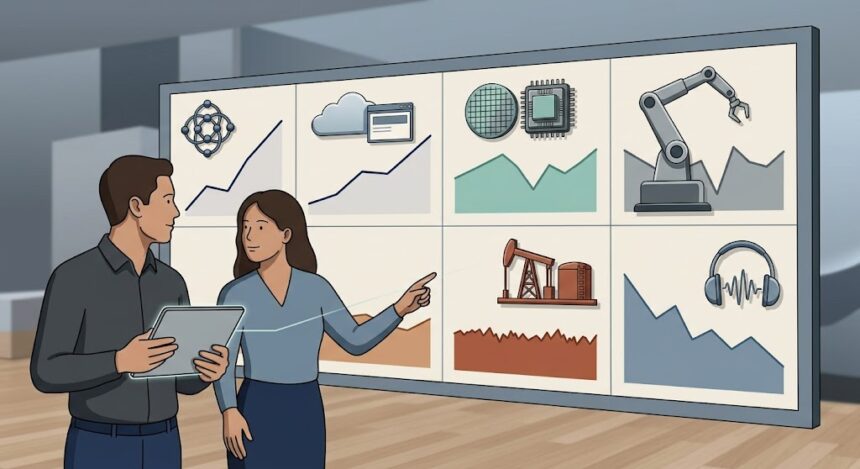 Two analysts reviewing a wall display comparing AI, cloud computing, semiconductor, robotics, oil and gas, and streaming music trends