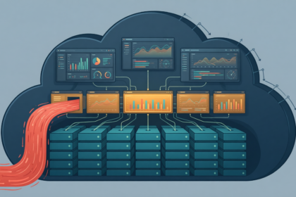 Flat editorial illustration of a BI consumption layer mediating between cloud data and multiple analytics engines