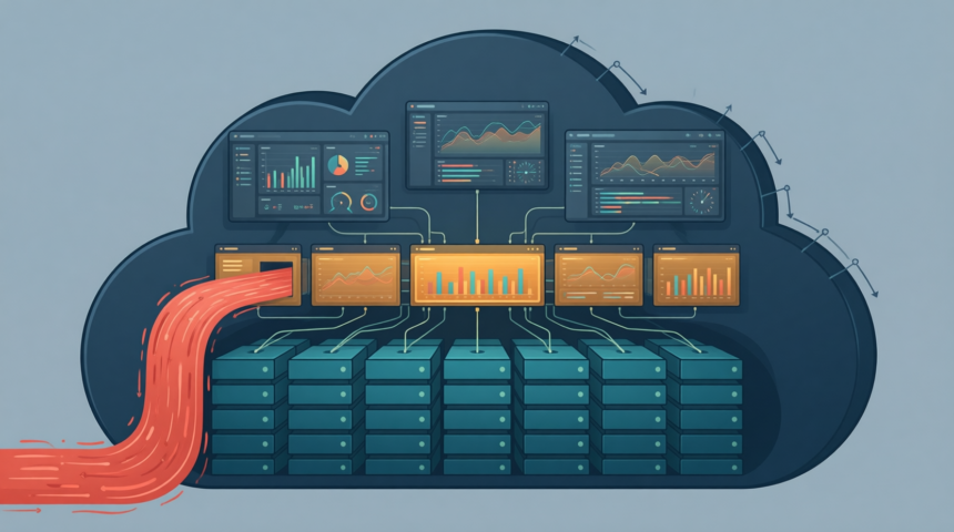 Flat editorial illustration of a BI consumption layer mediating between cloud data and multiple analytics engines