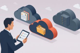 Flat decision diagram linking on-prem racks to cloud clusters with security, cost and location evaluation pillars and dual network paths.