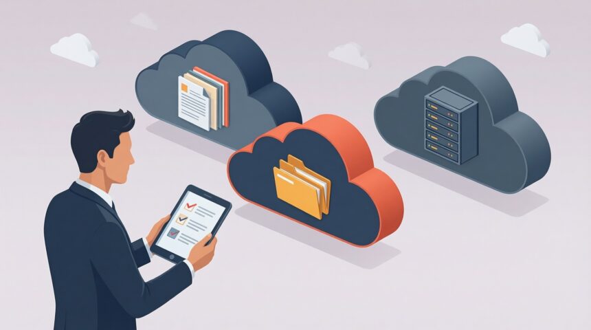 Flat decision diagram linking on-prem racks to cloud clusters with security, cost and location evaluation pillars and dual network paths.