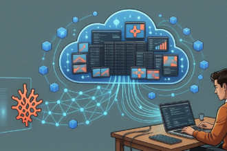 Illustration of an AI-driven cloud security filter routing trusted data into a protected cloud workspace while isolating a rejected threat in a separate sealed enclosure