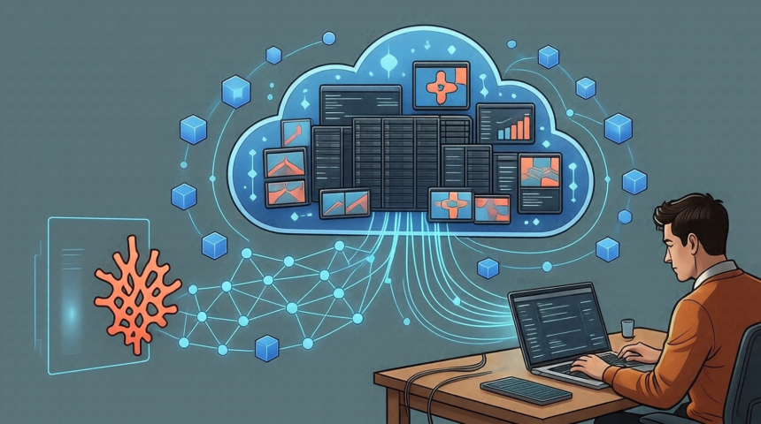 Illustration of an AI-driven cloud security filter routing trusted data into a protected cloud workspace while isolating a rejected threat in a separate sealed enclosure