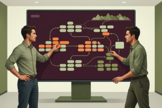 Two colleagues reviewing a connected kanban-style workflow board with prioritized task clusters on a large screen