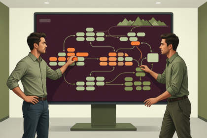 Two colleagues reviewing a connected kanban-style workflow board with prioritized task clusters on a large screen