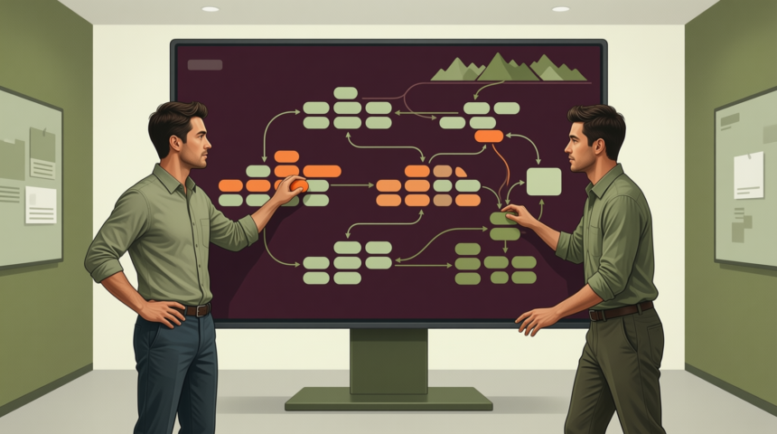 Two colleagues reviewing a connected kanban-style workflow board with prioritized task clusters on a large screen