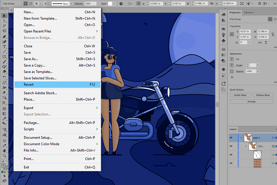 recover using revert in illustrator