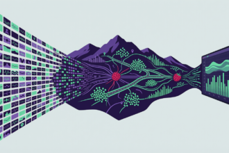 Illustration of raw data points converging through a network of connections into a refined bar and line chart, representing the data visualization pipeline
