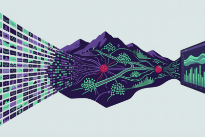 Illustration of raw data points converging through a network of connections into a refined bar and line chart, representing the data visualization pipeline