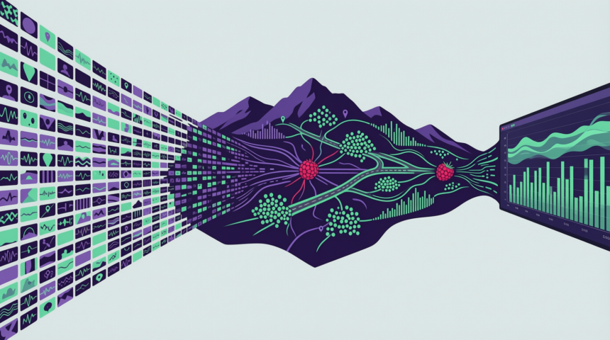 Illustration of raw data points converging through a network of connections into a refined bar and line chart, representing the data visualization pipeline