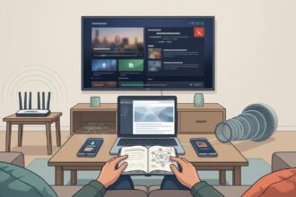 Home streaming diagnostic scene with TV, router, laptop and phone showing error state and network check.