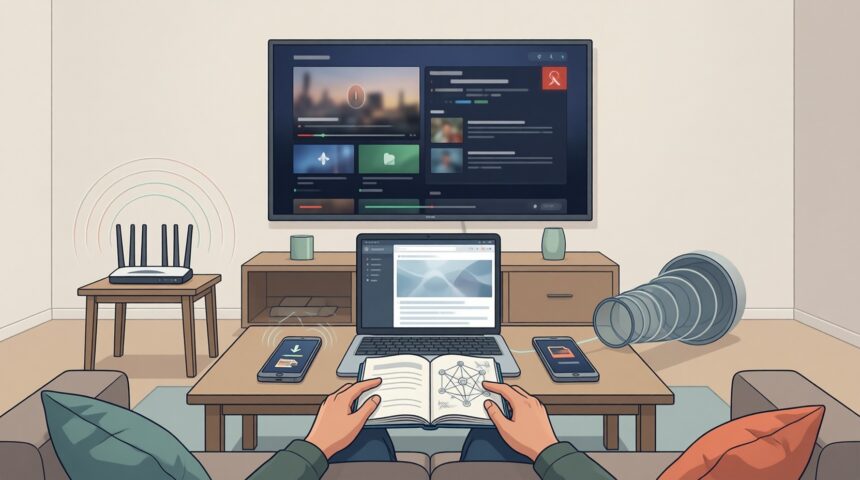 Home streaming diagnostic scene with TV, router, laptop and phone showing error state and network check.