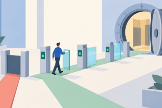 Illustration of Zero Trust access control: a person passes through three sequential identity checkpoints toward an open vault, while a separate unverified path leads to a closed gate
