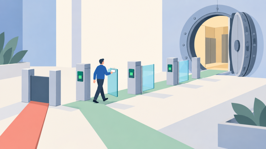 Illustration of Zero Trust access control: a person passes through three sequential identity checkpoints toward an open vault, while a separate unverified path leads to a closed gate