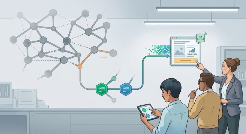Blockchain advertising network showing surviving nodes connecting into ad delivery