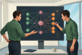 Two engineers reviewing a layered neural network diagram on a large display, discussing machine learning model architecture