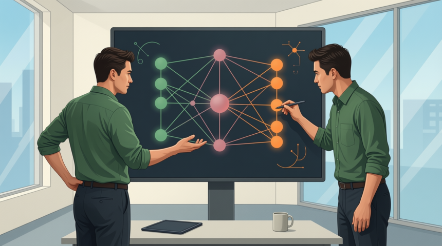 Two engineers reviewing a layered neural network diagram on a large display, discussing machine learning model architecture