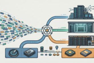 Data stream splits into on-prem, colocation and cloud paths with HDD and SSD media layers showing capacity latency cost trade-offs.