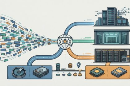Data stream splits into on-prem, colocation and cloud paths with HDD and SSD media layers showing capacity latency cost trade-offs.
