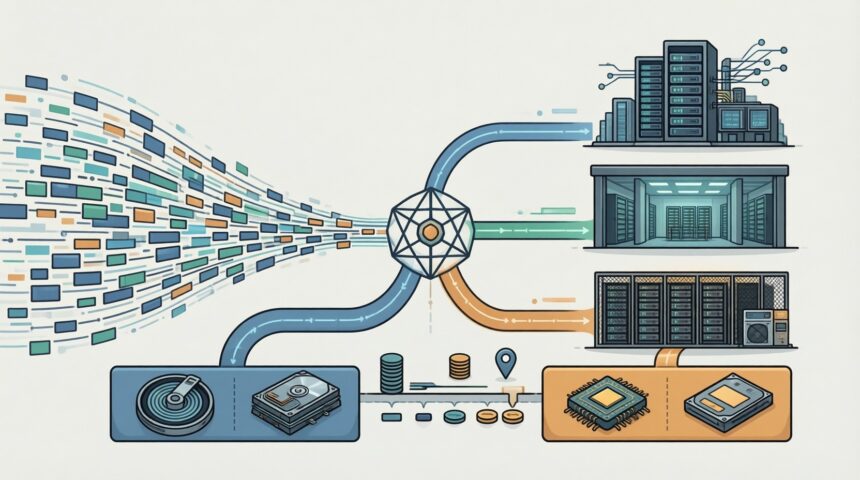 Data stream splits into on-prem, colocation and cloud paths with HDD and SSD media layers showing capacity latency cost trade-offs.