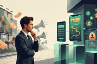 Conceptual flat 2D editorial illustration comparing traditional advertising channels with modern mobile app customer loyalty ecosystems