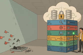 Illustration of a six-layer cloud data security stack, each layer representing a different protection function, with an attempted attack shown repelled and broken apart before reaching the stack