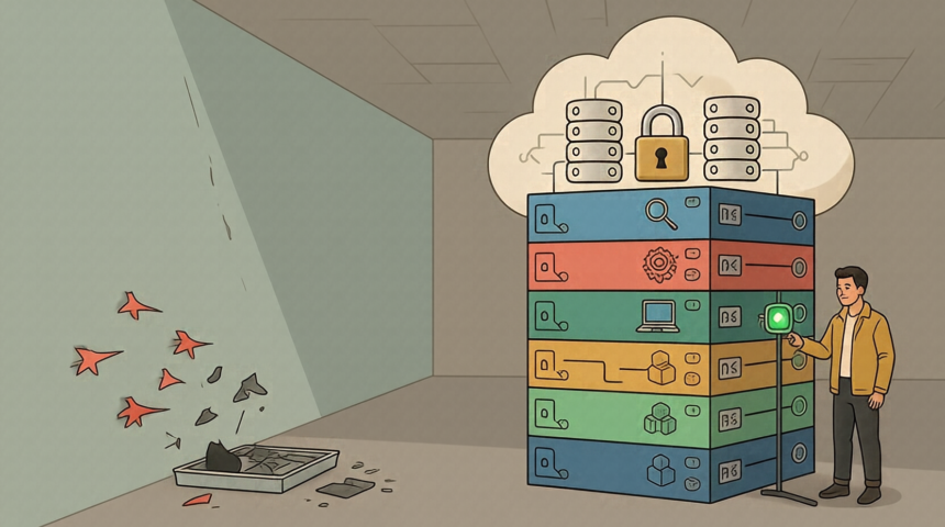 Illustration of a six-layer cloud data security stack, each layer representing a different protection function, with an attempted attack shown repelled and broken apart before reaching the stack