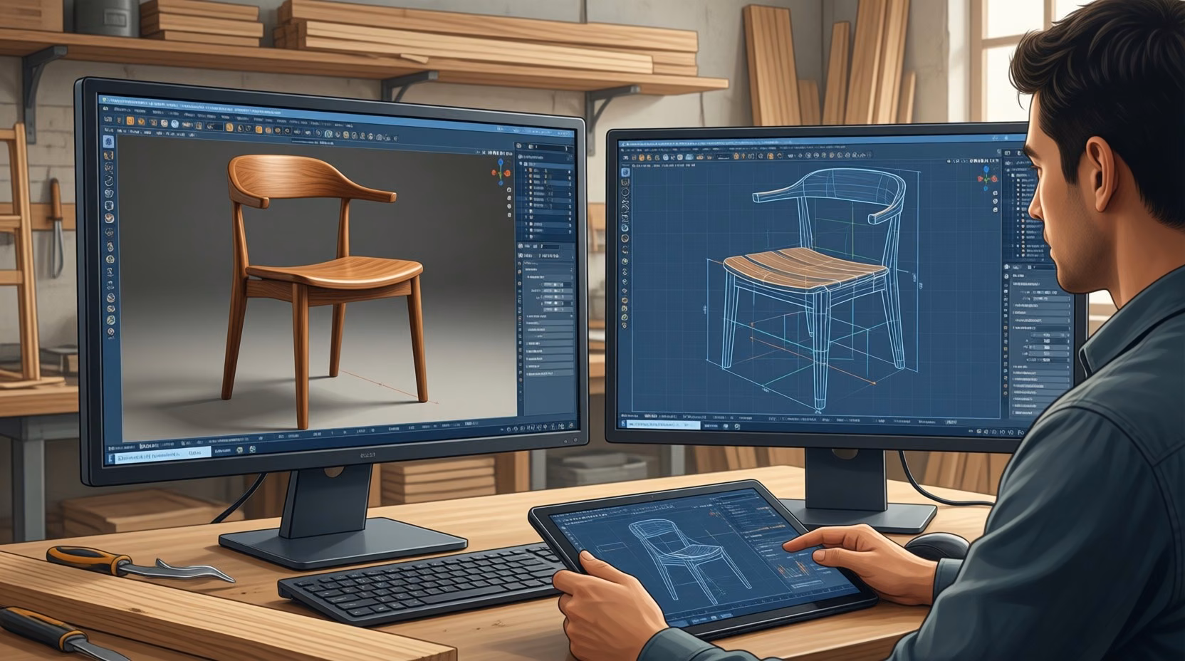 An engineer in a woodworking shop compares a rendered wooden chair on one monitor with its CAD wireframe model on a second monitor