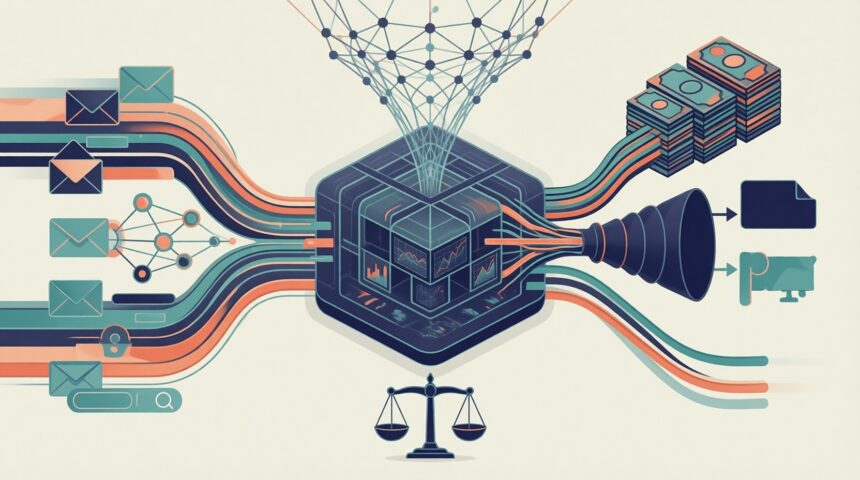 Analytics core merging ad, web and customer streams into conversion outcomes with abstract telemetry and budget balance.