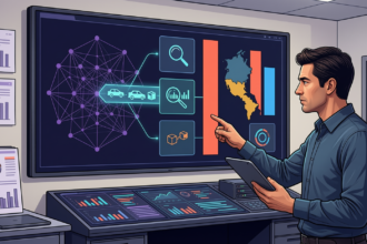 Analyst reviewing logistics data dashboard on large display
