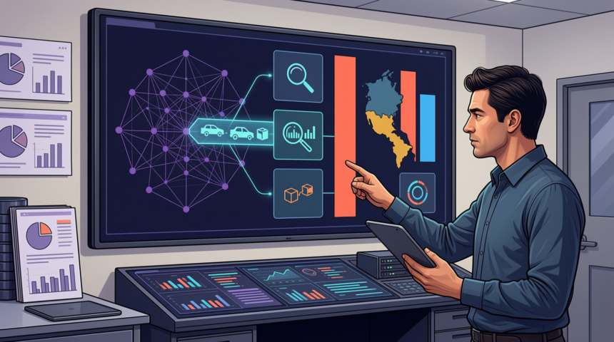 Analyst reviewing logistics data dashboard on large display