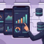 Illustration of mobile analytics dashboards with ad performance charts connected to backend databases