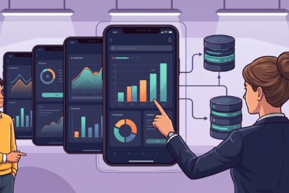 Illustration of mobile analytics dashboards with ad performance charts connected to backend databases