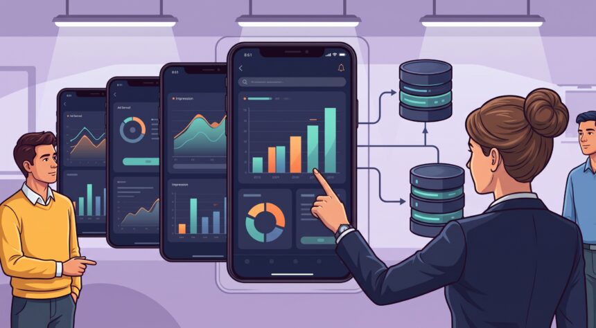 Illustration of mobile analytics dashboards with ad performance charts connected to backend databases