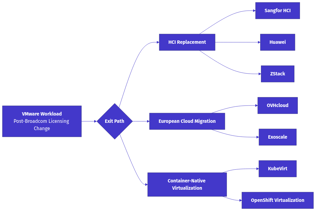 VMware exit path decision diagram showing HCI replacement, European cloud migration, and container-native virtualization routes