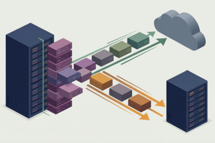 Flat editorial illustration: The article presents a bifurcated enterprise decision: European organizations evaluating VMware alte
